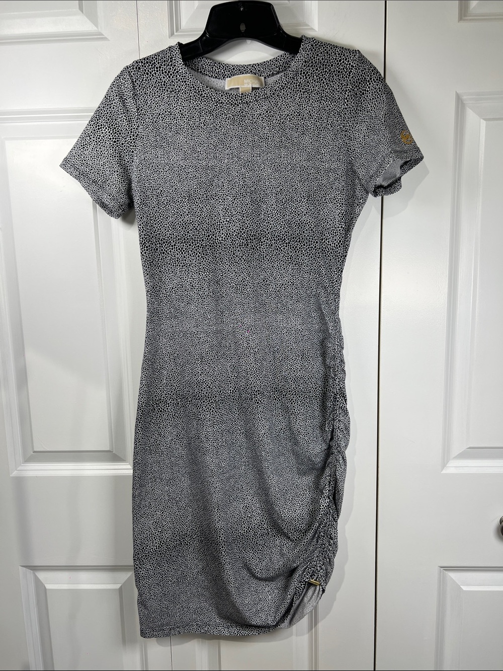 Michael Kors Black and White Micro-Print Short Sleeve Ruched Mini Dress